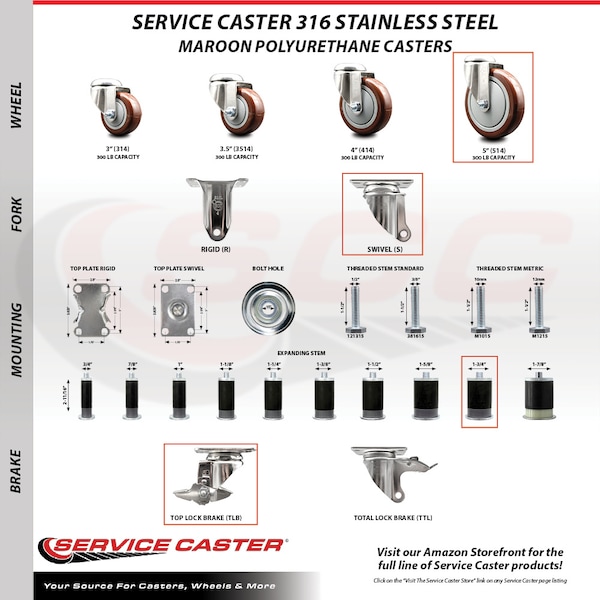 Service Caster 5 Inch 316SS Maroon Polyurethane Swivel 1-3/4 Inch Expanding Stem Caster Brake SCC-SS316EX20S514-PPUB-MRN-TLB-134 - main